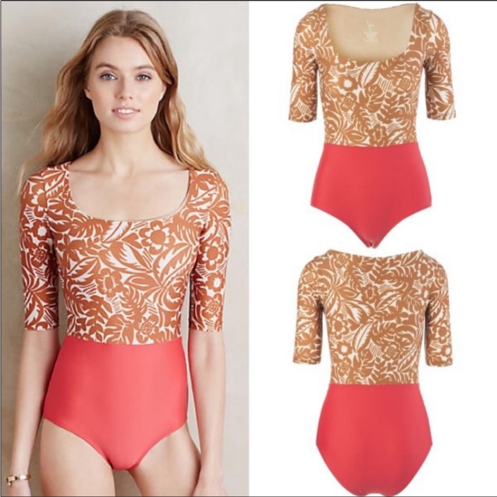 Seea Two-Tone Floral Scoop One-Piece Swimsuit in Tan and Coral